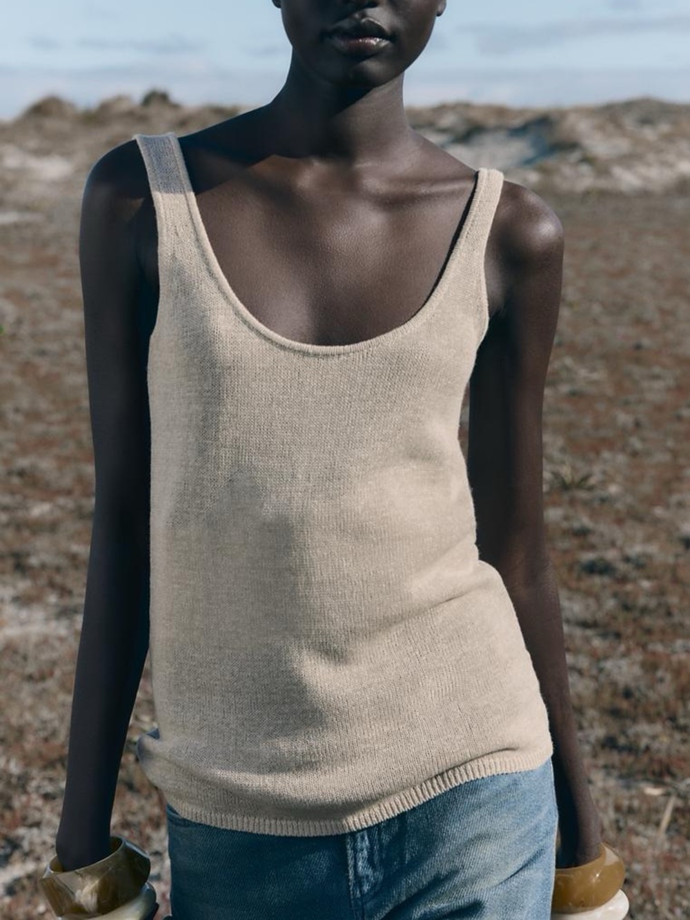 Zara| Ecru Scoop Neck Cotton/Linen Blend Lightweight Knit Tank Sz M